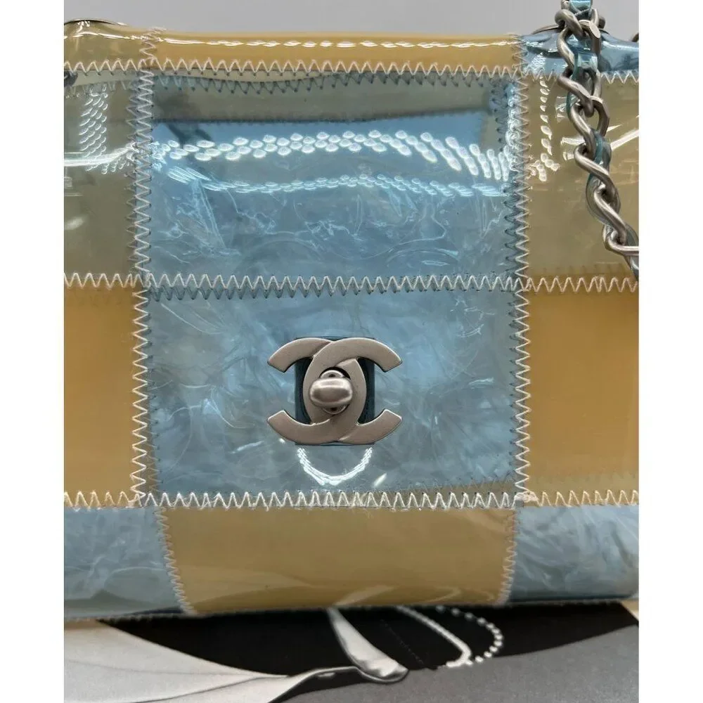 Rare Vintage CHANEL Blue and Beige PVC Stitched Patchwork CC Logo Should…